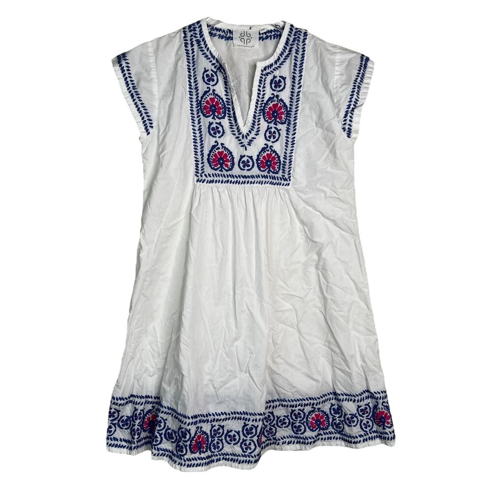 Pomegranate Embroidered V-Neck Cap Sleeve Flounce Tunic Dress White XS